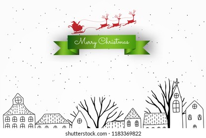 Merry Christmas and Happy New Year. Christmas sale. Holiday background. Trees and houses on winter snowy landscape. Doodles vector.