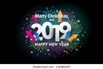 Merry Christmas and Happy New Year with firework colorful