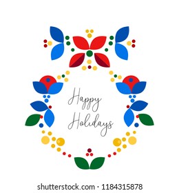 Merry Christmas, Happy New Year card design. Abstract flat xmas wreath traditional winter holidays decoration. Elegant design for greeting cards, postcards, invitation cards, gift tags. Vector