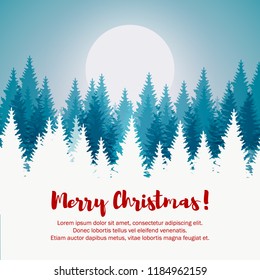 Merry Christmas and Happy New Year greeting card. Christmas tree winter landscape.