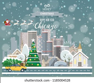 Merry Christmas and Happy New Year in Chicago. Greeting festive card from the USA. Winter snowing city with cute cozy houses and snowflakes.