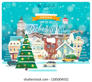 Merry Christmas and Happy New Year in Delaware. Greeting festive card from the USA. Winter snowing city with cute cozy houses and snowflakes.