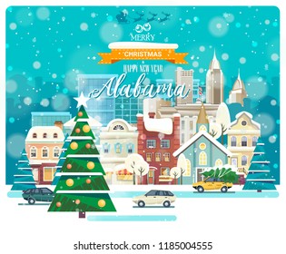 Merry Christmas and Happy New Year in Alabama. Greeting festive card from the USA. Winter snowing city with cute cozy houses and snowflakes.