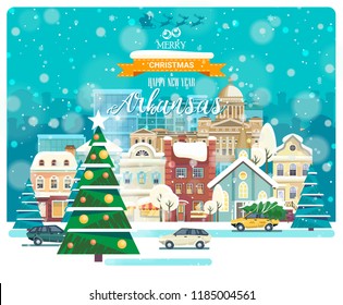 Merry Christmas and Happy New Year in Arkansas. Greeting festive card from the USA. Winter snowing city with cute cozy houses and snowflakes.