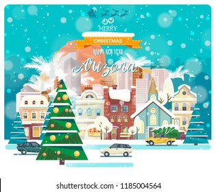 Merry Christmas and Happy New Year in Arizona. Greeting festive card from the USA. Winter snowing city with cute cozy houses and snowflakes.