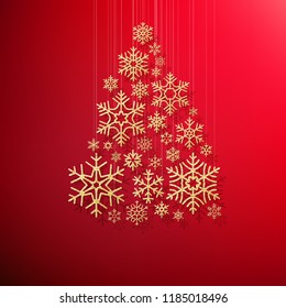Merry Christmas and Happy New Year greeting card with golden glittering snowflakes Christmas tree on red background. EPS 10