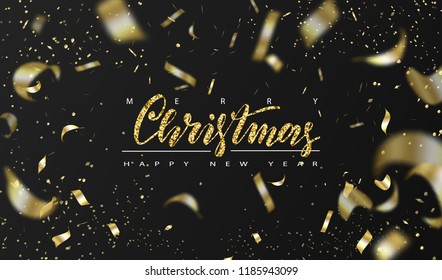 Merry Christmas and Happy New Year background for holiday greeting card, invitation, party flyer, poster, banner. Gift box and confetti. Vector illustration.