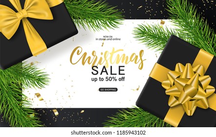 Merry Christmas and Happy New Year background for holiday greeting card, invitation, party flyer, poster, banner. Fir branches, gift box and confetti. Vector illustration.
