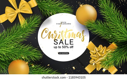 Merry Christmas and Happy New Year background for holiday greeting card, invitation, party flyer, poster, banner. Christmas tree balls, fir branches, gift box and confetti. Vector illustration