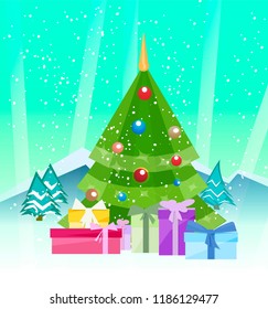 Merry Christmas and happy new year. Green tree with colorful ball. Christmas tree on winter snow background. Light blue landscape of mountains and  forest, snow and fall snowflakes. 