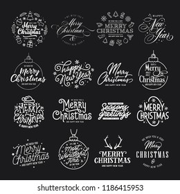 Merry Christmas and Happy New Year typography collection. Holiday related lettering templates for greeting cards, overlays. The most wonderful time. Season greetings. Vector vintage illustration.