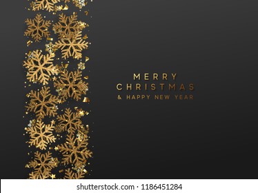 Merry Christmas and Happy New Year. Xmas background with Shining gold Snowflakes. Greeting card, holiday banner, web poster