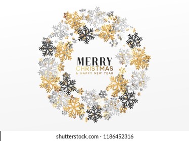 Merry Christmas and Happy New Year. Xmas background with Shining gold Snowflakes. Greeting card, holiday banner, web poster Merry Christmas and Happy New Year. Xmas background with Shining gold Snowflakes. Greeting card, holiday banner, web poster