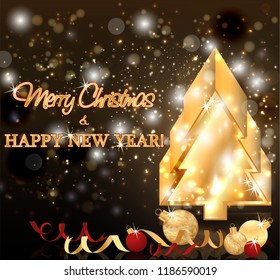 Merry Christmas and Happy New Year golden card, vector illustration