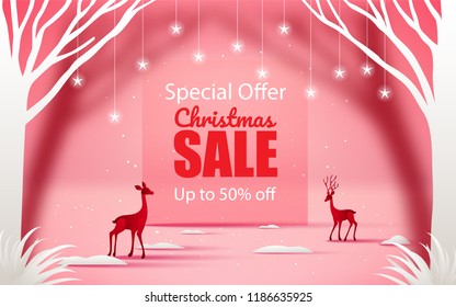 Merry Christmas and Happy New Year. Christmas sale. Holiday background. paper craft style.