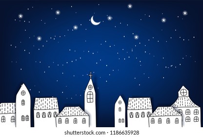 Merry Christmas and Happy New Year. Christmas sale. Holiday background. Trees and houses on winter snowy landscape. Doodles vector.