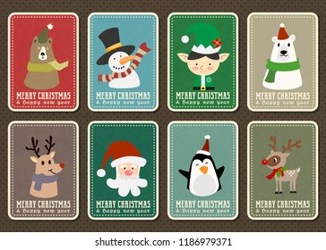 Merry Christmas and happy new year vector greeting card with cartoon character set, Merry Christmas card minimal style.
