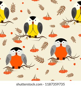 Merry Christmas and Happy New year hand drawn vector print. Winter seamless pattern.  Bullfinches, Tits, Rowan