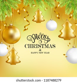 Merry Christmas and Happy New Year card with fir tree, balls and serpentine. Vector illustration.