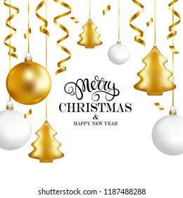Merry Christmas and Happy New Year card with balls, serpentine and calligraphy. Vector illustration.