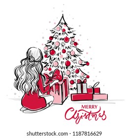 Merry Christmas and Happy New Year vector card. Xmas illustration with girl, gift boxes, christmas tree. Beautiful woman unpacks gifts. Christmas background. Fashion sketches.