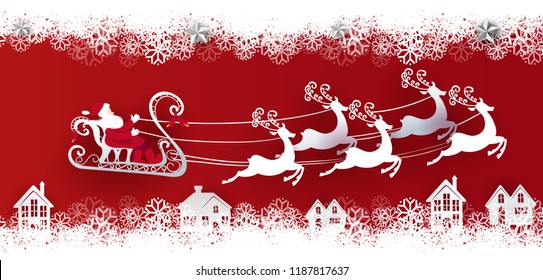 Merry Christmas and Happy New Year. Vector illustration winter snowflakes, Santa Claus on the sky coming with deers, paper art cut out and craft style. Vector illustartion