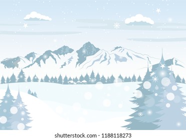 Merry Christmas and Happy New Year. Illustration of a village of sky and mountains presented in a snow landscape.