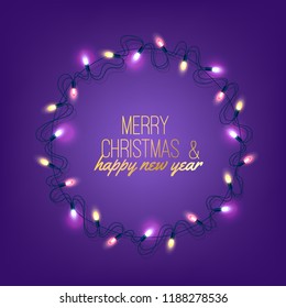 Merry christmas and happy new year inscription in christmas lights frame, realistic glowing garland. Vector winter xmas holiday festive decoration, illuminating bulbs circle frame. Purple background.