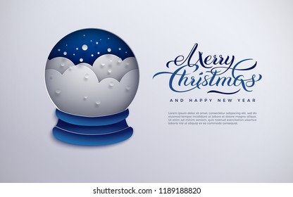 Merry Christmas and Happy New Year banner, paper cut snow globe with snowflakes on blue background. Holiday design for poster, greeting card, invitation, flyer, paper cutout style, vector illustration