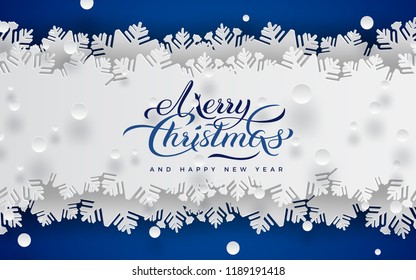 Merry christmas and happy new year banner, blue background, white lace ribbon decoration with snowflake, snow. Holiday design for greeting card, banner, flyer. Paper cut out style, vector illustration