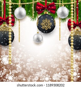 Merry Christmas Happy New Year background, fir branches, decorative balls, snow, vector illustration