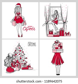 Merry Christmas And Happy New Year Vector Cards. Xmas Illustration With Girls, Gift Boxes, Christmas Tree. Beautiful Woman In A Festive Dress. Christmas Design. Fashion Sketches.