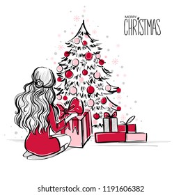 Merry Christmas And Happy New Year Vector Card. Xmas Illustration With Girl, Gift Boxes, Christmas Tree. Beautiful Woman Unpacks Gifts. Christmas Background. Fashion Sketches.