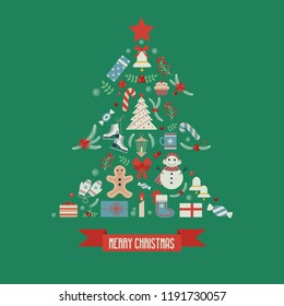 Merry Christmas and Happy New Year christmas tree shape greeting card. Winter holiday ornament with text. Fir or pine composition print with Xmas retro decoration elements. Party invitation postcard.