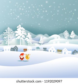 Merry Christmas and Happy New Year, Paper art snowflake and santa with rein deer, Mountain and cloud beauty used for printing on book cover, banner, magazine, greeting card, vector illustration.