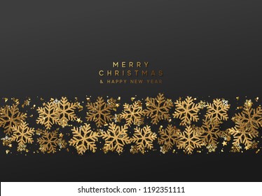 Merry Christmas and Happy New Year. Xmas background with Shining gold Snowflakes. Greeting card, holiday banner, web poster Vector illustration