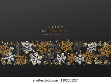 Feliz Natal e Feliz Ano Novo. Fundo de Natal com flocos de neve de ouro brilhante. Cartão, banner de férias, cartaz web