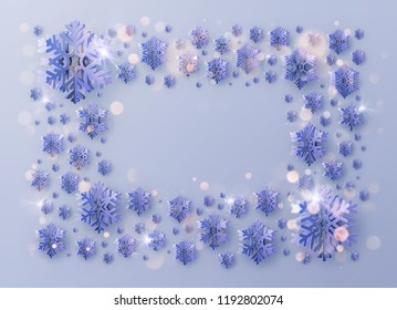 Merry Christmas and Happy New Year greeting template frame with foil snowflakes for holiday posters, placards, banners, flyers and brochures. EPS 10