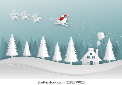 Merry Christmas and Happy New Year background. Santa Claus, Snowman and Christmas tree ,paper art and digital craft style. Vector illustration.