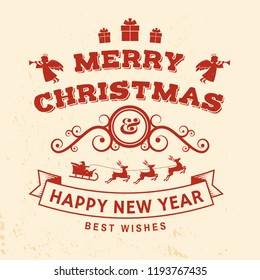 Merry Christmas and Happy New Year stamp, sticker set with angels, santa claus in sleigh with deer and christmas gifts. Vector. Vintage typography design for xmas, new year emblem in retro style
