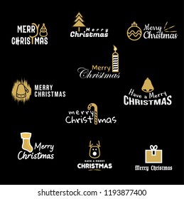 Merry Christmas. Happy New Year, 2018. Typography logos set. Vector logo, emblems, text design - Usable for banners, greeting cards, gifts etc - on a black background