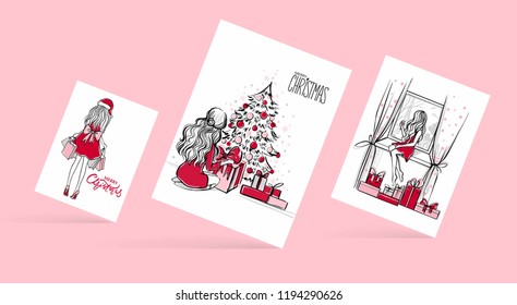 Merry Christmas and Happy New Year vector cards. Xmas illustration with girl, gift boxes, christmas tree. Beautiful woman unpacks gifts. Christmas collection. Fashion sketches.