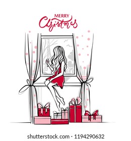 Merry Christmas and Happy New Year vector card. Xmas illustration with girl, gift boxes, glass of champagne. Beautiful woman sits on the windowsill. Christmas background. Fashion sketches.