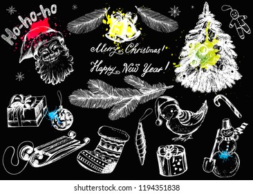 Merry Christmas and Happy New Year collection on black background. Hand drawn Holiday illustration in vintage style for greeting card, print, wrapping and other Winter holiday 