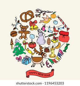 Merry Christmas and Happy New year hand drawn vector card.  Traditional Christmas elements in the shape of a circle: snowman, Christmas gift, Christmas balls, deer, garland, candy, birds, nuts
