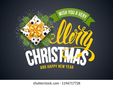 Merry Christmas And Happy New Year. Modern Background With Typography and Holiday Gift. Vector Illustration.