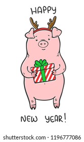 Merry Christmas and Happy New Year vector cute illustration with funny piglet. Holiday hand drawn image for you project
