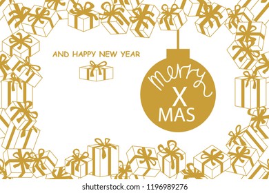 Merry Christmas and Happy New Year card. Vector composition with gifts and festive decorations on white background. Template for banners, posters, invtations.