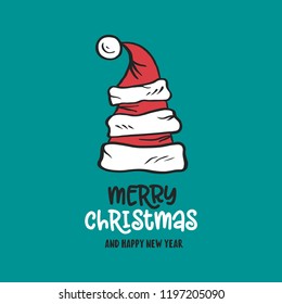 Merry Christmas and Happy New Year greeting card or invitation. Santa claus hats in a form of new year tree. Creative minimalistic festive composition. Vector vintage illustration.