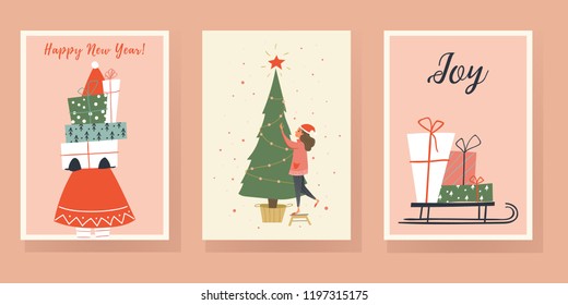 Merry Christmas and Happy New Year. Vector set with cute santa claus and people. 